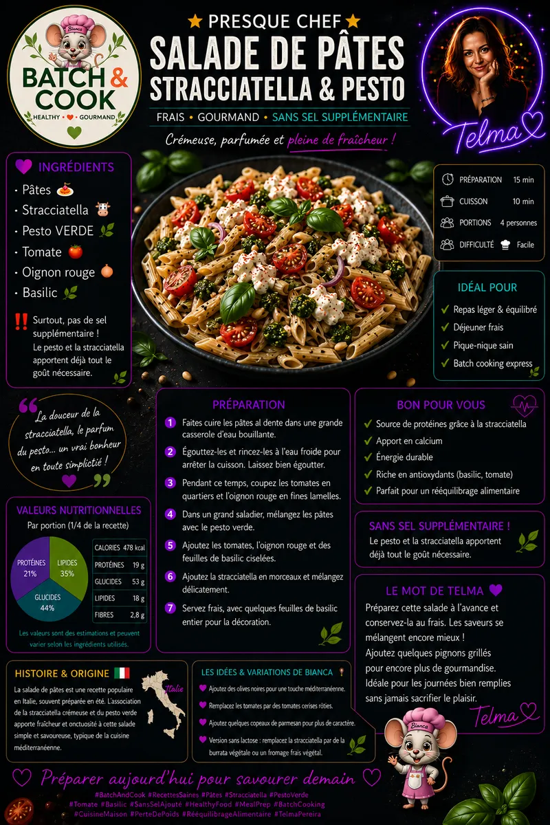 Fiche recette Salade de pâtes stracciatella et pesto par Telma