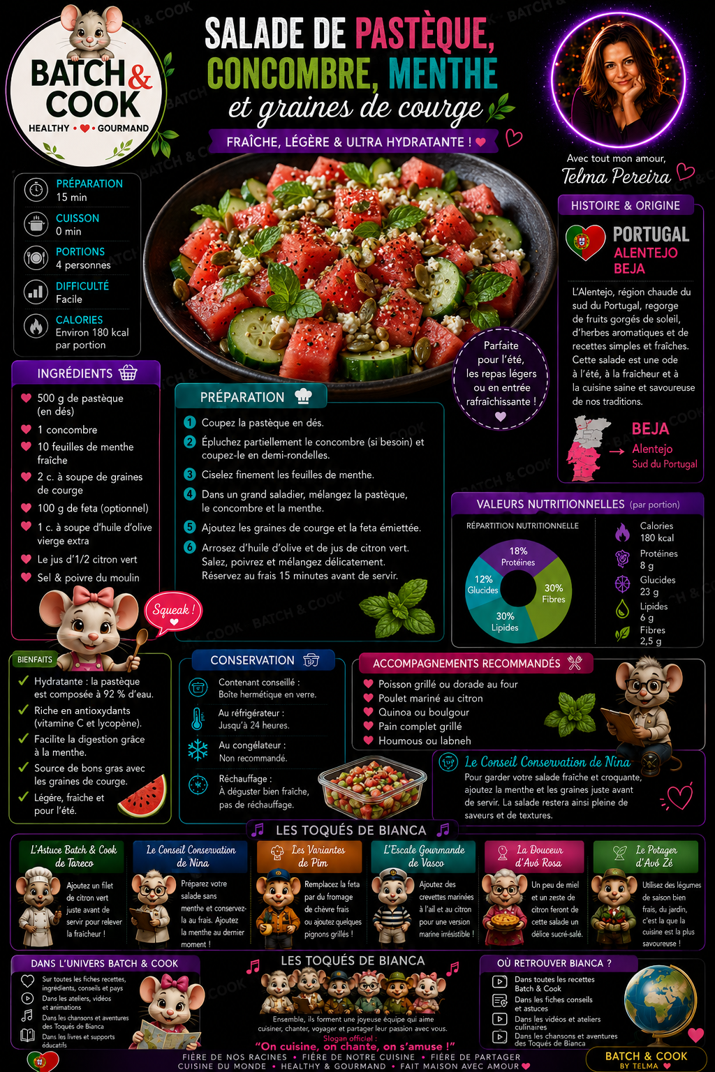 Salade de pastèque, concombre, menthe et graines de courge
