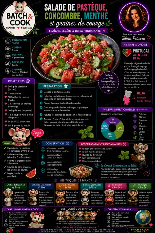 Salade de pastèque, concombre, menthe et graines de courge