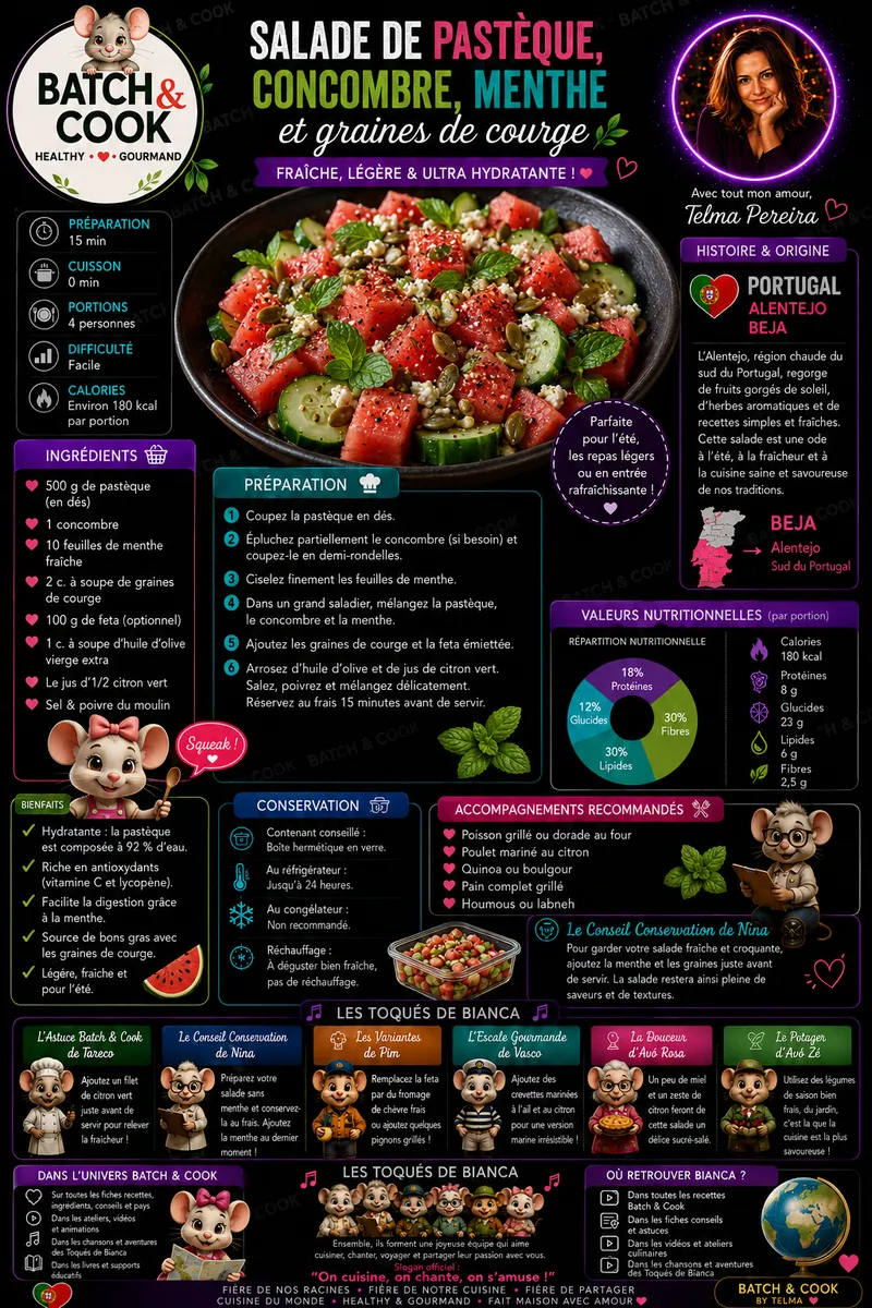 Fiche recette Salade de pastèque, concombre, menthe et graines de courge par Telma