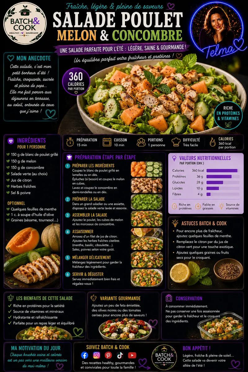 Fiche recette Salade poulet, melon & concombre par Telma