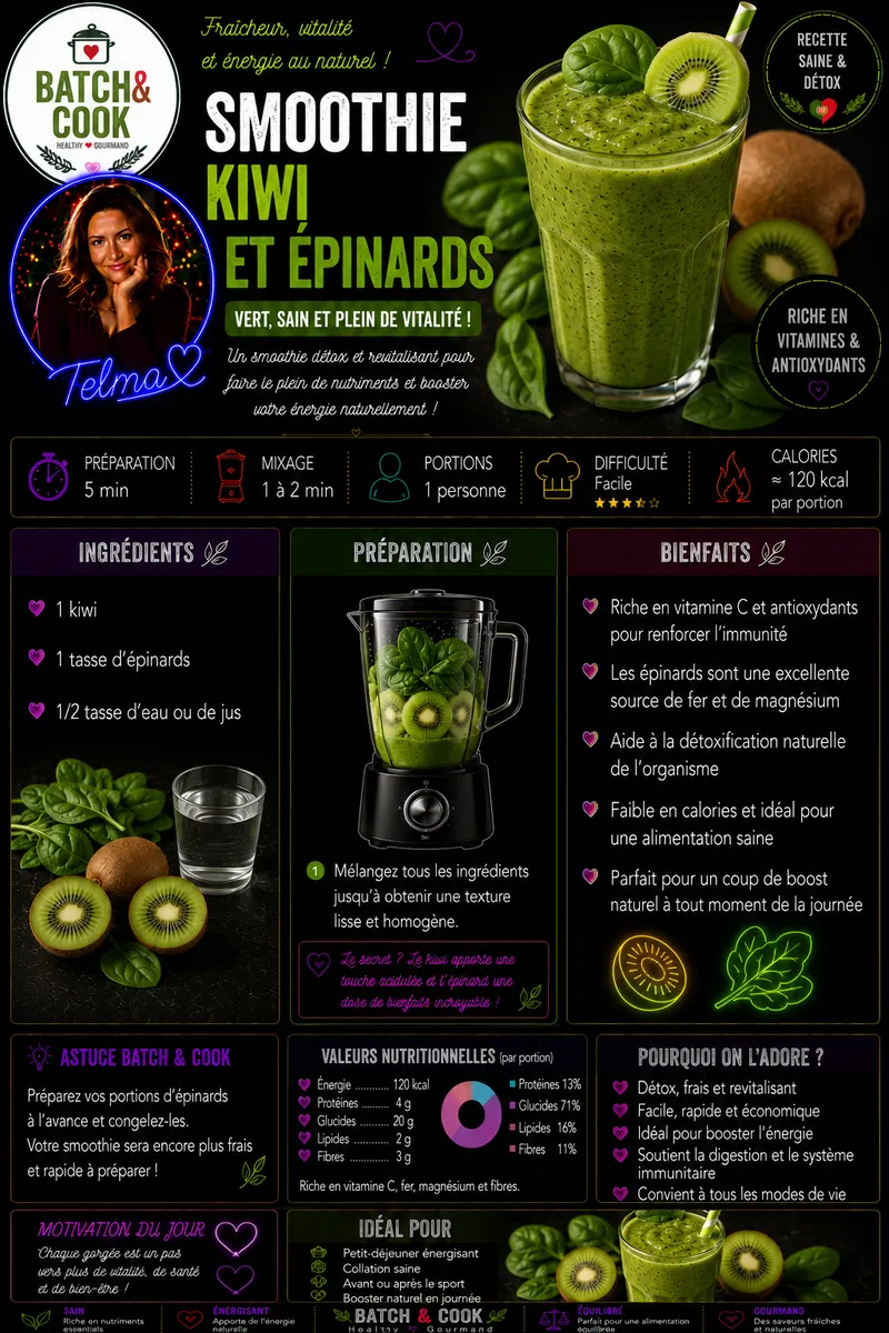Fiche recette Smoothie Kiwi et Épinards par Telma