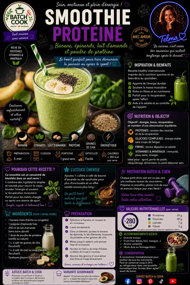 Fiche recette Smoothie protéiné banane épinards par Telma