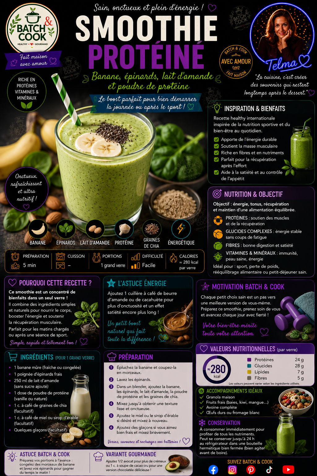 Smoothie protéine banane, épinards, lait d'amande & poudre de protéine