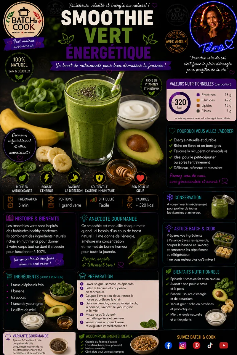 Fiche recette Smoothie Vert Énergétique par Telma