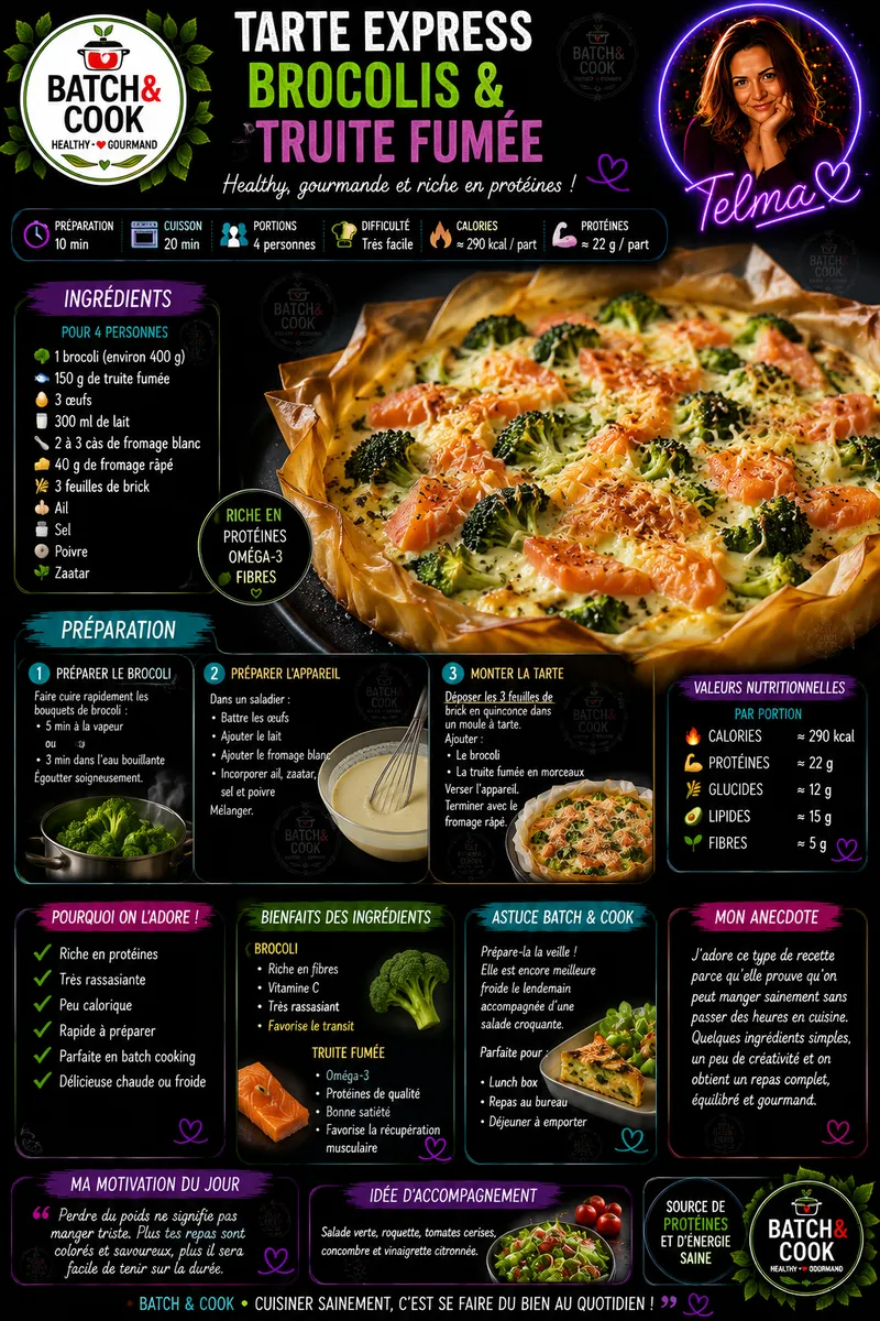 Fiche recette Tarte express brocolis & truite fumée par Telma