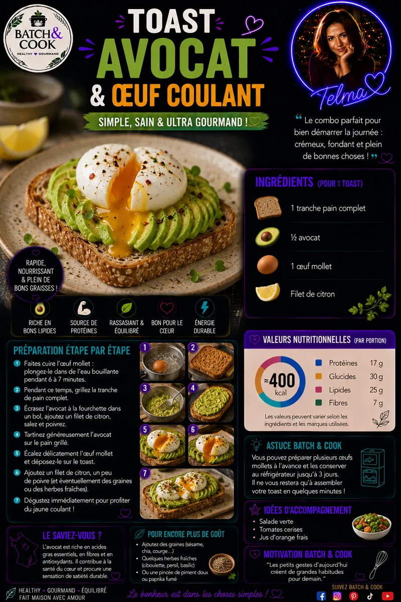 Fiche recette Toast avocat & œuf mollet par Telma