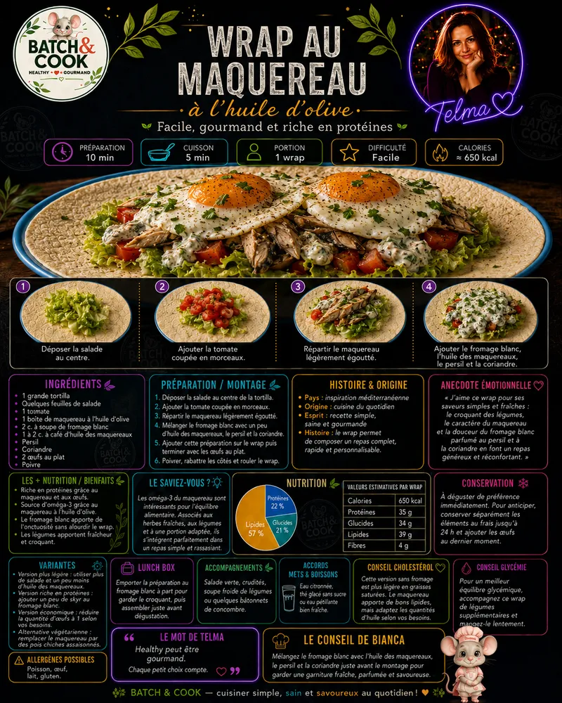 Fiche recette Wrap au maquereau à l'huile d'olive par Telma