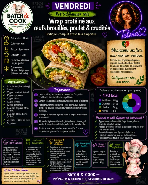 Wrap protéiné aux œufs brouillés, poulet & crudités