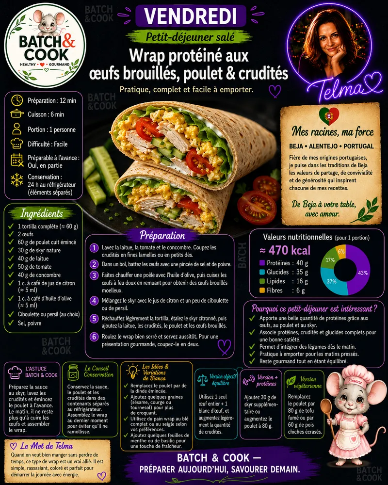 Fiche recette Wrap protéiné aux œufs brouillés, poulet & crudités par Telma