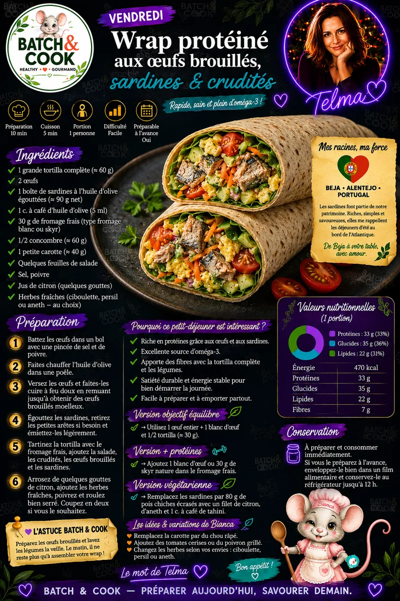 Fiche recette Wrap protéiné aux œufs brouillés, sardines & crudités par Telma