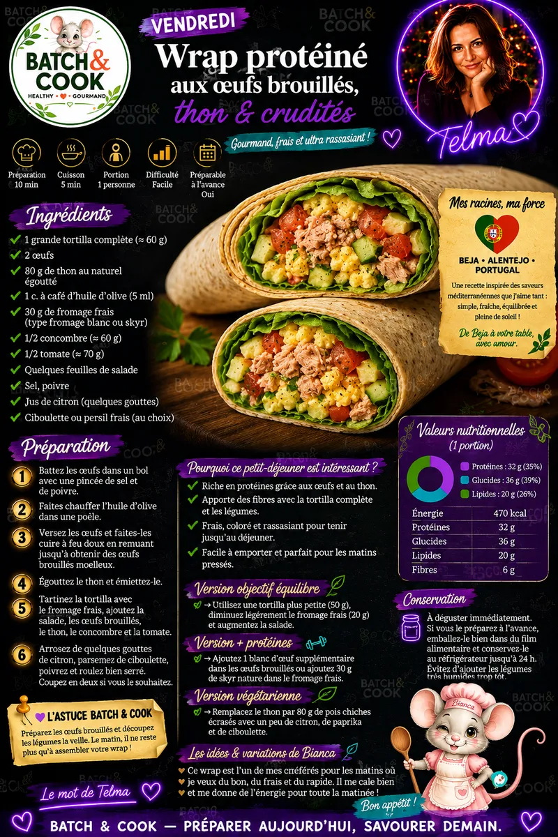 Fiche recette Wrap protéiné aux œufs brouillés, thon & crudités par Telma