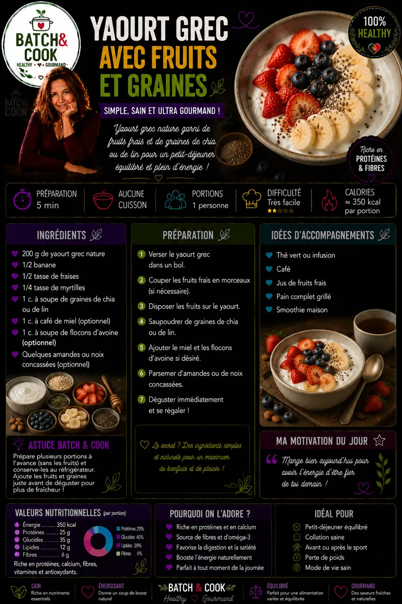 Fiche recette Yaourt Grec avec Fruits et Graines par Telma