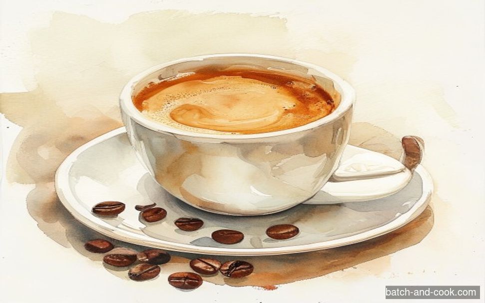 Aquarelle d'une petite tasse d'espresso avec des grains de café torréfiés
