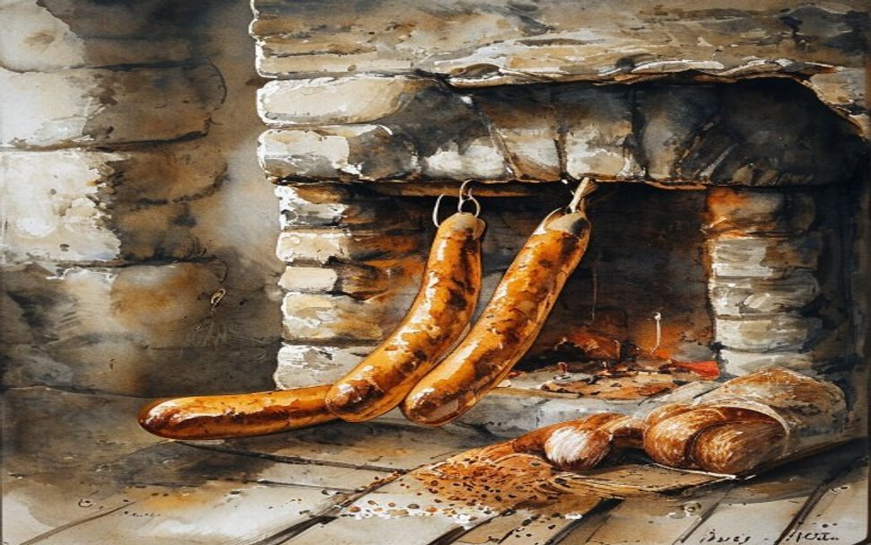 Aquarelle d'alheiras fumées près d'une cheminée