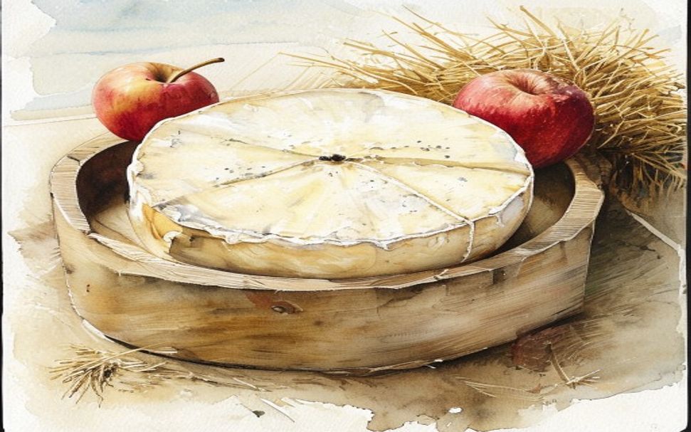 Aquarelle d'un camembert dans sa boîte en bois