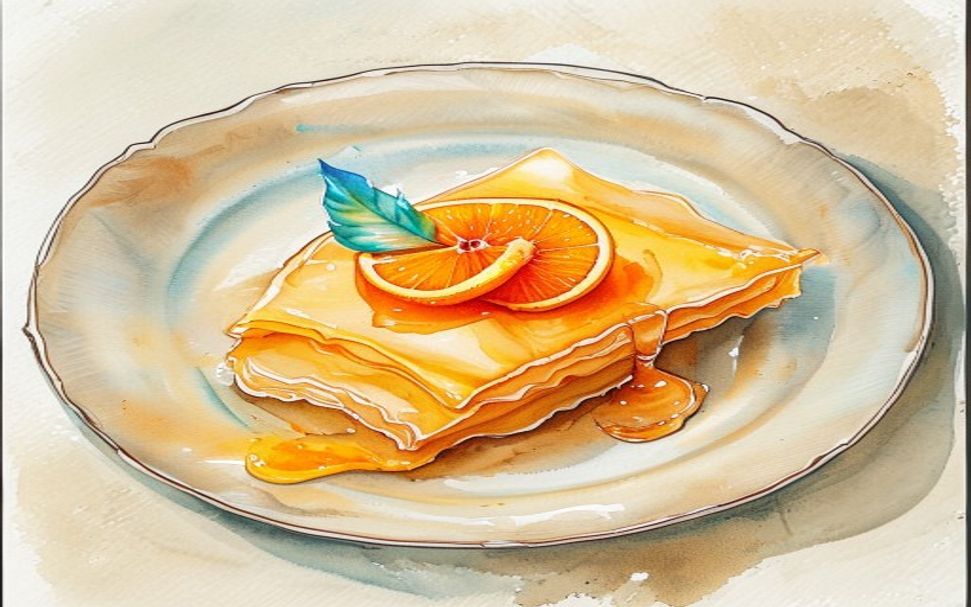Aquarelle d'une crêpe Suzette flambée à l'orange