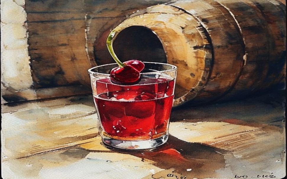 Aquarelle d'un verre de ginjinha avec une griotte