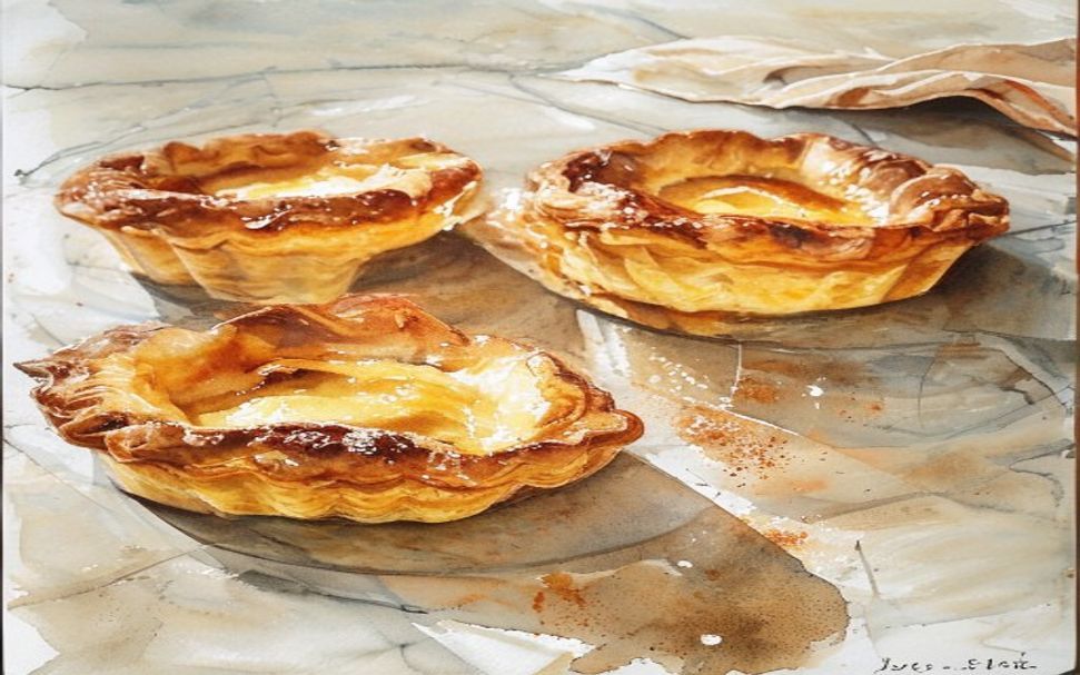 Aquarelle de pastéis de nata dorés