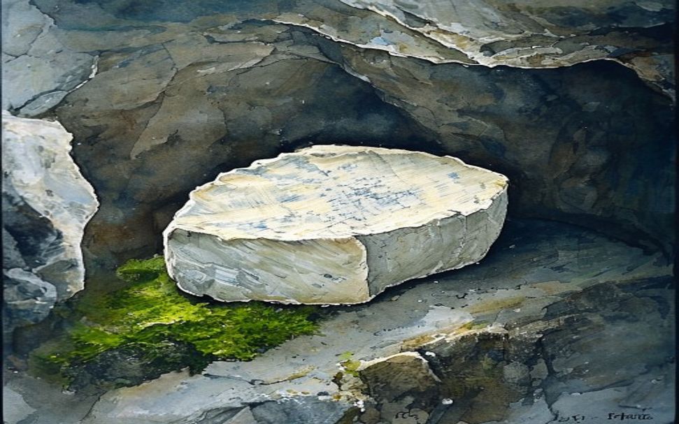 Aquarelle d'un roquefort persillé dans une grotte