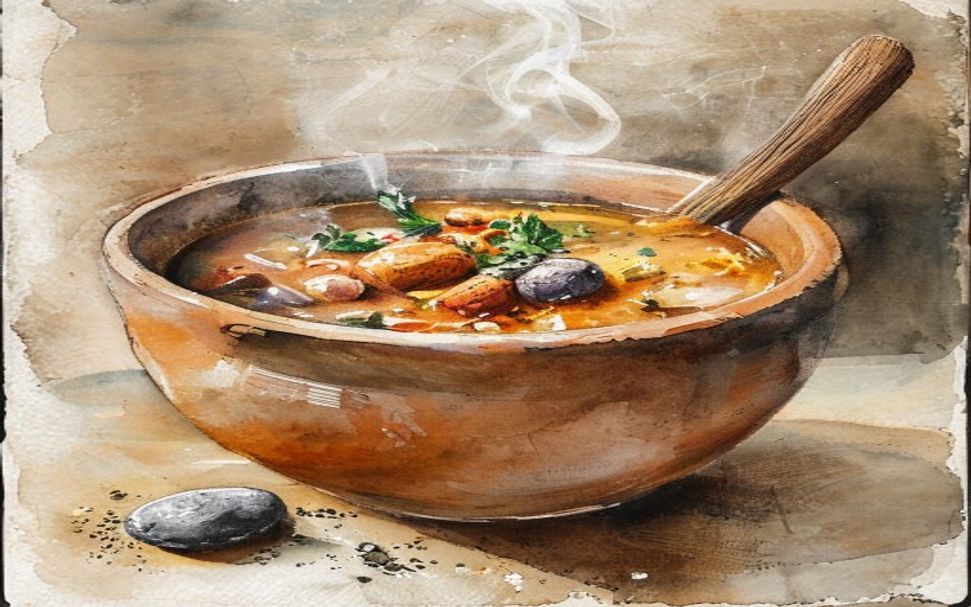 Aquarelle d'un bol de sopa da pedra avec une pierre