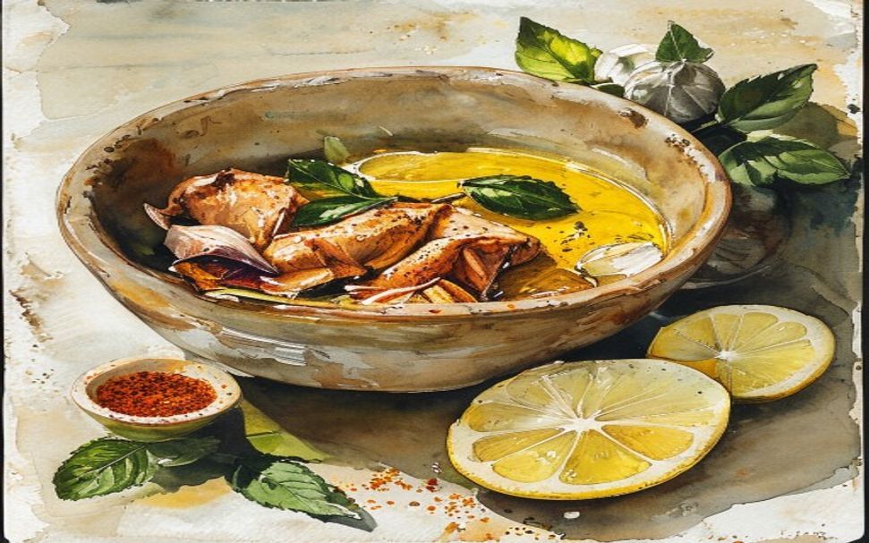 Aquarelle d'un bol de viande et poisson en marinade avec citron, ail, herbes