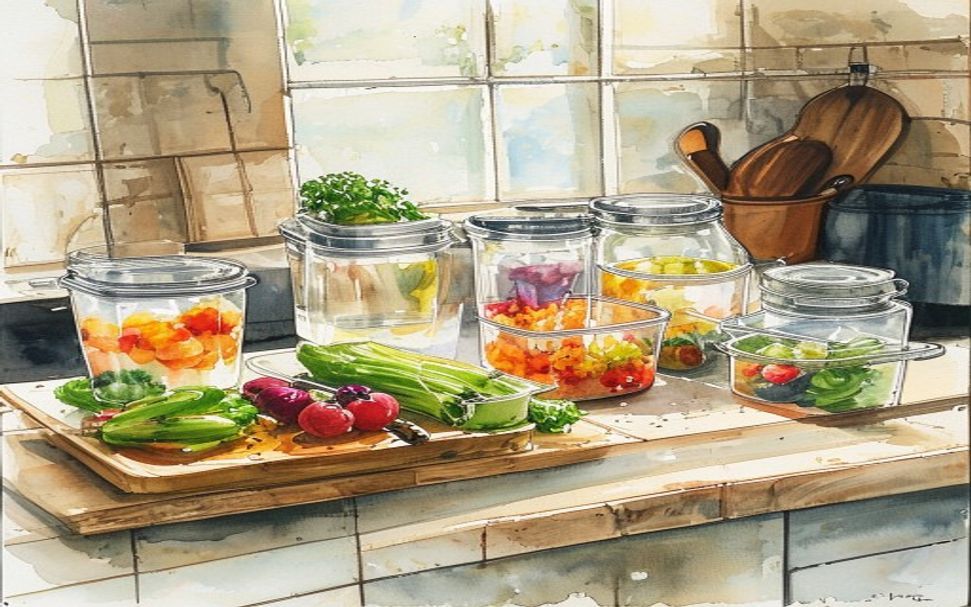 Aquarelle d'un plan de travail avec des boîtes de repas préparés et des légumes