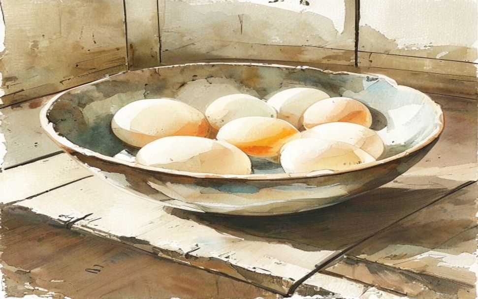 Aquarelle d'un bol d'œufs frais sur une table de cuisine, un œuf cassé au jaune doré