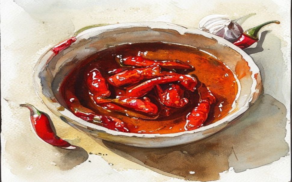 Aquarelle d'un bol de sauce piri-piri rouge avec des piments frais, de l'ail et de l'huile d'olive
