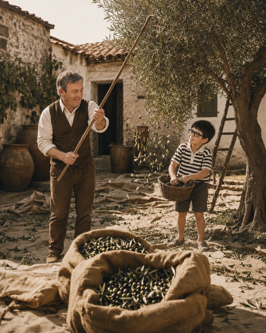 La récolte des olives dans la cour, à la gaule