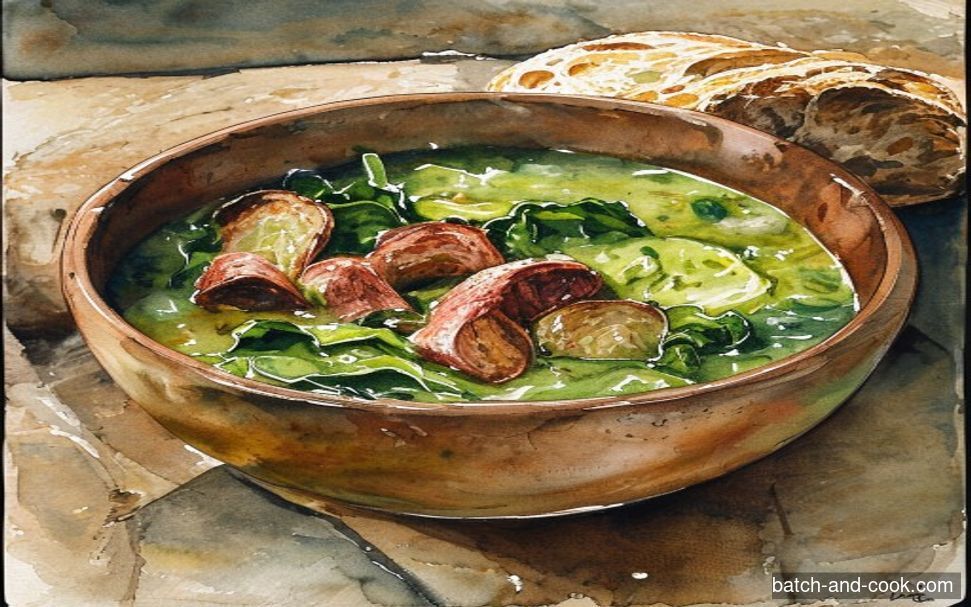 Aquarelle d'un bol de caldo verde avec des lamelles de chou et des rondelles de chouriço