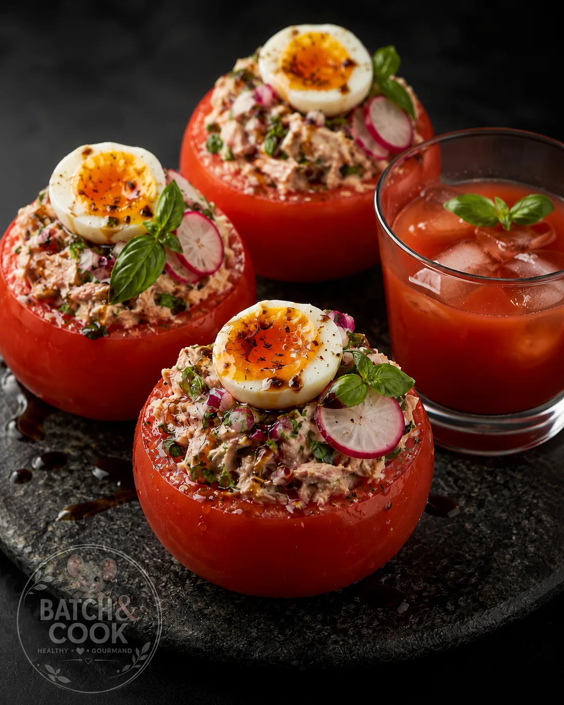 Tomates Farcies au Thon, Saint-Morêt & Œufs Mollets - Recette fraîche et protéinée